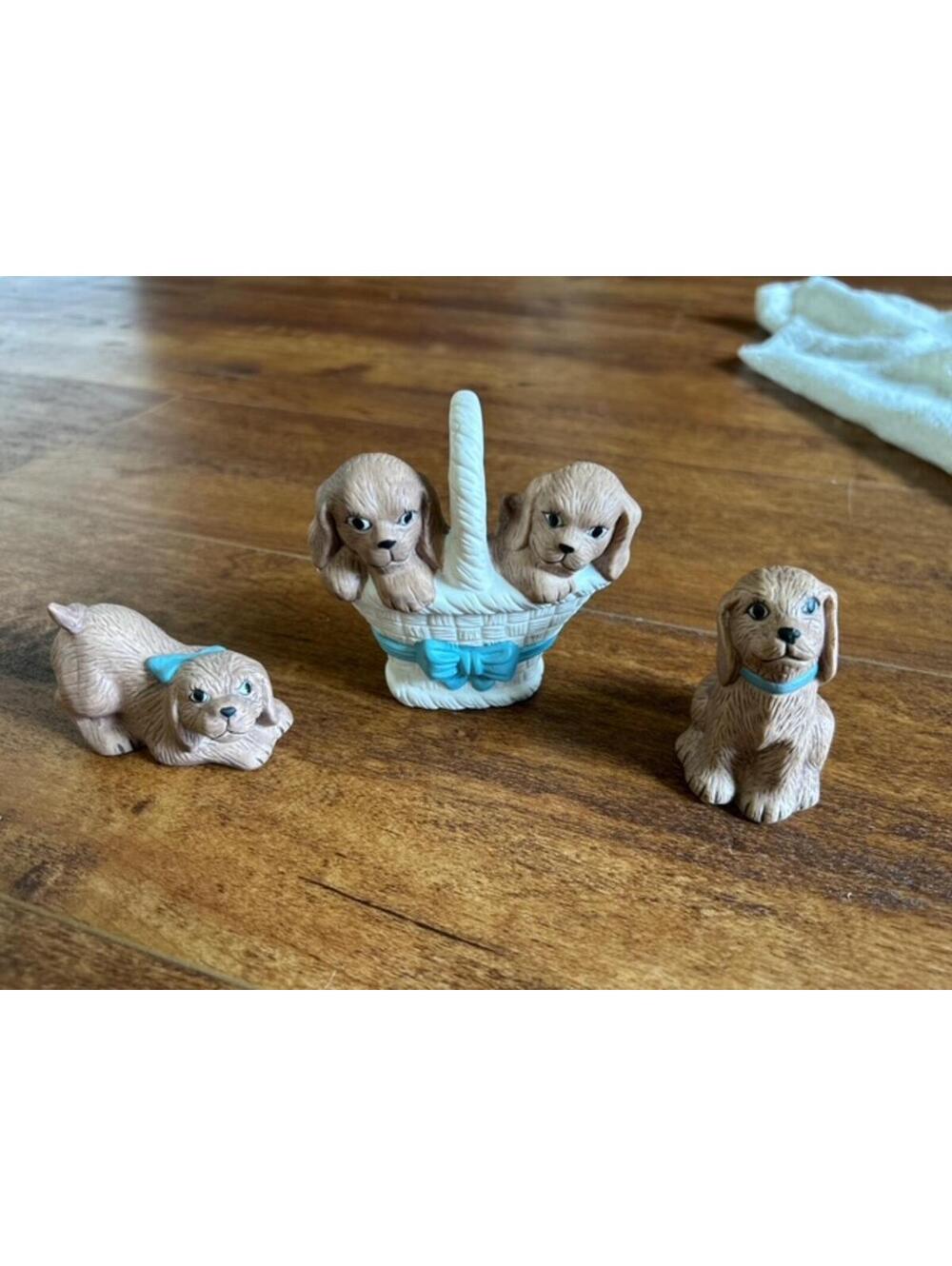 Vintage Basket of Pups Figurine Set with Two Puppies in Basket and Two Sitting